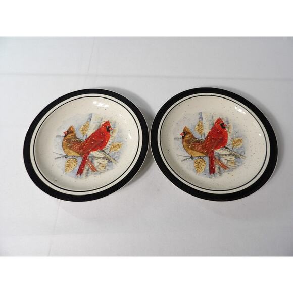 Folk Craft Scotty Z Cardinal Dinner Plates Stoneware 11" Vintage Set of 2 - Picture 2 of 7